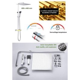 Oceanic Columna de Ducha Mezclador Termostático (38°C), Rociador Cuadrado Extraplano 40x40 cm Acero Inoxidable, Teleducha, Cromo