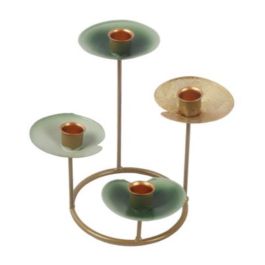DKD Home Decor Candelabro Oriental Colección Surimi Metal Dorado Verde Menta con Diseño Nenúfar 19x20x19 cm - Pack 2 Unidades
