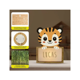 Wondee Lampara de Noche Infantil Personalizable Little Tiger de Madera Sostenible Luz Quit Miedos