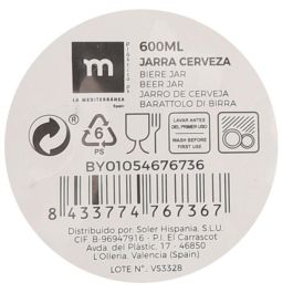 La Mediterranea Jarra Cerveza 600 ml. Dimensiones: 9,3 cm (ancho) x 15,3 cm (alto) x 8,2 cm (largo). (24 Unidades)