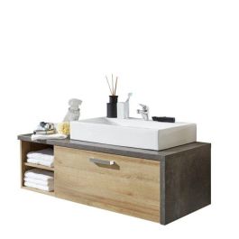 Mueble de baño - BAY - Melamina roble y hormigón - 1 cajón + 2 nichos - Lavabo incluido - L123 x P53 x H54 cm
