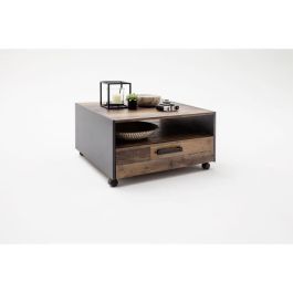 Mesa de centro cuadrada - Tablero de partículas - Madera envejecida y decoración gris - Doble tapa - 1 cajón - L70 x D70 x H40 cm