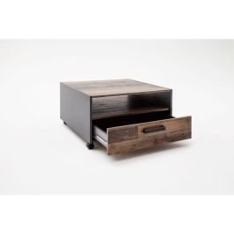 Mesa de centro cuadrada - Tablero de partículas - Madera envejecida y decoración gris - Doble tapa - 1 cajón - L70 x D70 x H40 cm