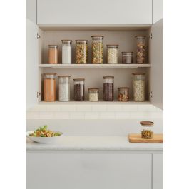 Inde Tarro de Boro-silicato Óptico con Tapa Acacia, Cuadrado, 950 ml, Colección La Mediterran - 10.2 x 10.2 x 15.7 cm (12 Unidades)