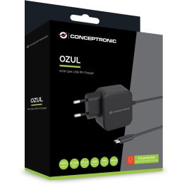 Conceptronic OZUL04BE Cargador Pared USB PD GaN 67W USB-C con Cable Incorporado 180cm Negro