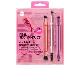 Real Techniques DOUBLE TIME BRUSH + LAST Set 4 Piezas Brochas Doble Punta y Rizador Pestañas Maquillaje Ojos y Cejas