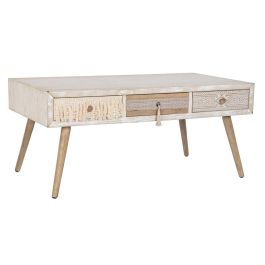 DKD Home Decor Mesa Centro Boho Blanco Natural Ancho 110 x Largo 60 x Alto 50 cm con 2 Cajones y Desmontable, Abeto y Algodón DKD Home Decor Mesa Centro Boho Blanco Natural Ancho 110 x Largo 60 x Alto 50 cm con 2 Cajones y Desmontable, Abeto y Algodón