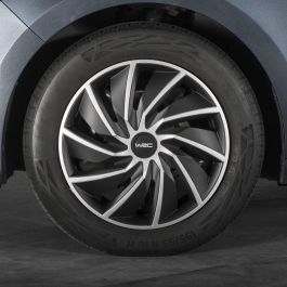 WRC Juego de 4 Tapacubos Bicolores 14 Pulgadas Negro Mate y Gris Plateado Diseño Deportivo TURBO en ABS