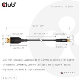 Club3D Kabel USB Tipo C a DisplayPort 2.1 Bidireccional VESA Certificado 10K 60Hz 1m