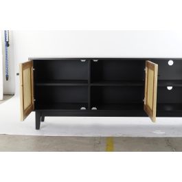 DKD Home Decor Mueble TV Balines Abeto Ratán Negro Natural con 2 Puertas y 3 Estanterías 160x38x65 cm