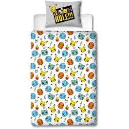 Pokemon Juego de Cama Reversible Pikachu y Starter Gris Microfibra 140x200cm + 1 Funda Almohada 63x63cm AAARQ16152