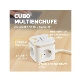 Fellowes Regleta con Interruptor y 3 Tomas, 1 USB-A + 2 USB-C, Cable 2m, Blanca. Ref: 100137168
