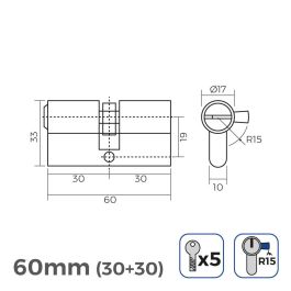 Cilindro 60mm (30+30mm) niquelado, leva larga r15 con 5 llaves seguridad incluidas