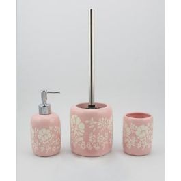 DKD Home Decor Set de 3 Accesorios de Baño Shabby Chic Cerámica Rosa Blanco 8x8x17.5 cm