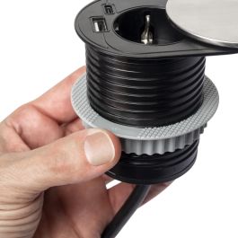 Emuca Multiconector con tapa deslizante Vertikal Flat 60, diámetro 60mm, 1 enchufe tipo Schuko, 1 USB tipo A, 1 USB tipo C, Acero y Plástico, Acero inoxidable