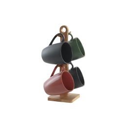 DKD Home Decor Lianfeng 21 Taza de Gres con Tapa Rubberwood, Set de 4, 300ml, Verde/Rosa/Gris Oscuro, 13 x 31 x 19 cm