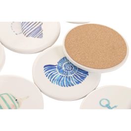 DKD Home Decor Posavasos Mediterraneo Azul Blanco Dolomita Corcho 10.8 x 10.8 x 0.7 cm (72 Unidades)