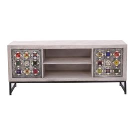 Mueble de TV DKD Home Decor Blanco Beige Gris Multicolor Cerámica Madera de mango 130 x 40 x 56 cm