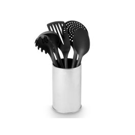 Kinvara Set 5 Utensilios de Cocina con Soporte de Acero Gris y Negro 13x32x12 cm Apto Lavavajillas (12 Unidades)