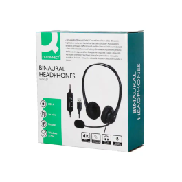 Q-connect Auricular Binaural Diadema con Micrófono USB y Control de Volumen, Cable 2m, Color Negro