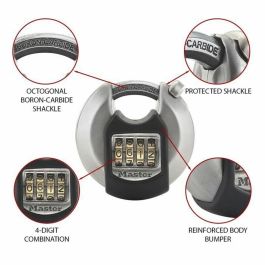 Master Lock Candado de disco de alta seguridad con combinación programable de 4 dígitos, 70mm Acero inoxidable, mango protegido octogonal 10mm boro Master Lock Candado de disco de alta seguridad con combinación programable de 4 dígitos, 70mm Acero inoxidable, mango protegido octogonal 10mm boro