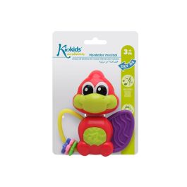 KioKids Mordedor Musical Dinosaurio Rojo con Texturas Suaves y Cabeza Giratoria 360º para Alivio de Dentición Bebés +3 Meses