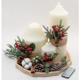 DKD Home Decor Vela LED Navidad Alpina, Set de 4, con Mando a Distancia, Cera y Madera, Blanco Verde, 7x7x15 cm