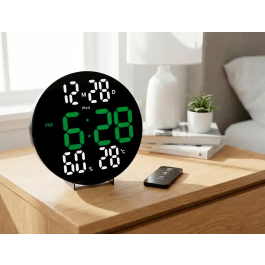 Q-connect Reloj Digital de Pared con Alarma, Sensor de Temperatura y Humedad, Brillo Ajustable, 27 cm