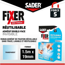 Sader AAAVH54998 Adhesivo Extra Fuerte de Doble Cara Transparente para Fijación sin Taladrar, Removible y Reutilizable, Rollo de 1,5 m x 19 mm