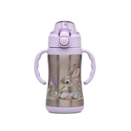 KioKids Botella Conejito Acero Inoxidable Con Asas Lavanda 280 mL para Bebés +6 Meses