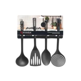 Kinvara Set 4 Utensilios de Cocina Negros de Plástico: Espumadera, Cucharón, Espátula, Espaguetera (29x32x8 cm) (12 Unidades)