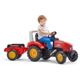 FALK - Tractor de pedal rojo sobrealimentador con capó de apertura y remolque incluido