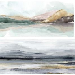 DKD Home Decor Cuadro Moderno Pintado a Mano de Montañas Gris Blanco 124x64cm (2 Unidades)