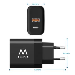 EWENT Cargador Rápido EW1327 USB-A y USB-C GaNFast 45W Negro para iPhone, Android y Portátil