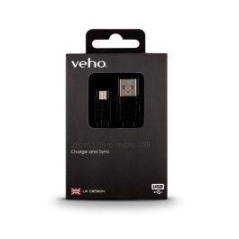 Veho Cable USB A a Micro USB Pebble 0.2m Negro para Carga Universal Portátil Power Bank, Smartwatches, GPS, E-Cigarettes. Tacton Duradero.