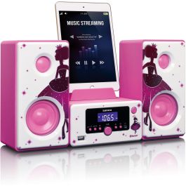 Lenco MC-020 Minicadena Princess Rosa/Blanco 10W FM PLL Bluetooth USB con Radio y Alarma