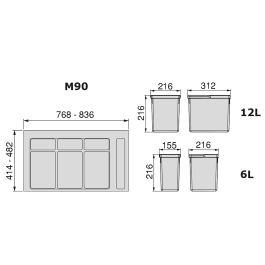 Emuca Kit de contenedores de reciclaje para cajón de cocina con base Recycle altura 216mm, 2x12litros, 2x6litros, módulo 900mm, Plástico gris antracita