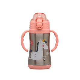 Kiokids Botella Termo Entrenamiento Unicornio Rosa 280ml Acero Inoxidable con Asas y Pajita Antiderrame para Bebés +6 Meses