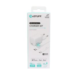 eSTUFF Kit cargador de pared INFINITE PD 20W con enchufe EU y cable USB-C a USB-C de 1,5m, blanco, reciclado