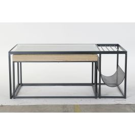 DKD Home Decor Mesa Centro Loft Natural Negro Metal Cristal Madera Bambú 60 x 45 x 110 cm Set de 2