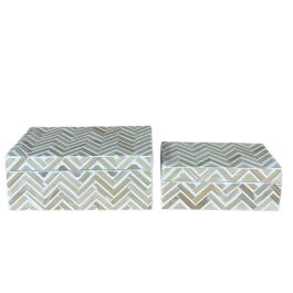 DKD Home Decor Caja Tropical Colección Raviet de Bambú y Resina Acabado Natural Mosaico Surtido Marrón Blanco Set de 2 (16x12x30 cm)