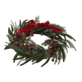 DKD Home Decor Corona de Navidad Alpina con 35 LEDs y Piñas, Verde y Marrón, 60x60x13 cm, Funciona con Pilas AA (2 Unidades)
