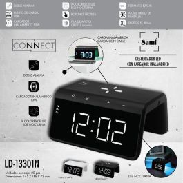SAMI Despertador Digital LED con Reloj Despertador y Cargador Inalámbrico 10W, Pantalla Grande, Color Negro