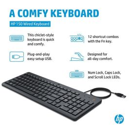 HP Teclado 150 Wired Keyboard, Compañero Plug-and-Play, Cómodo para Cualquier Lugar
