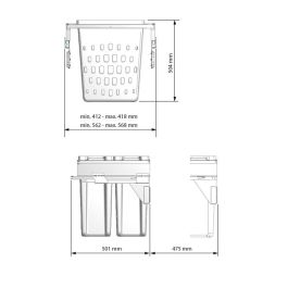 ALDA Módulo Tolva para Ropa Alda con Guías Grass, 50L/40+40L, Accesorio Cocina 1008.2301/1008.2302