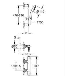 Grohe 34800001 Conjunto de Ducha con Mezclador Termostático, Rociador 1 Chorro, Barra 60cm, Flexo, Ahorro de Agua - Cromo