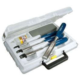 STANLEY 4 ABS Cinceles de Madera Set de 4 piezas (6, 12, 18, 25 mm) con Aceite, Piedra y Mango Polipropileno Irrompible