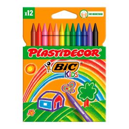 Plastidecor Lápices de Cera 12 Colores Surtidos Borrables No Rompibles para Uso Escolar, con Estuche de Cartón