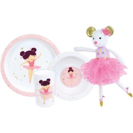 Fun House FUN3524550065748 Vajilla Bailarina: Plato Hondo Ø16 cm, Plato Llano Ø22 cm, Vaso 220 ml y Peluche Musical 40 cm