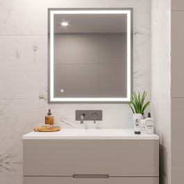 Emuca Espejo de baño Heracles con iluminación LED frontal y decorativa, AC 230V 50Hz, 34W, Plástico y Cristal